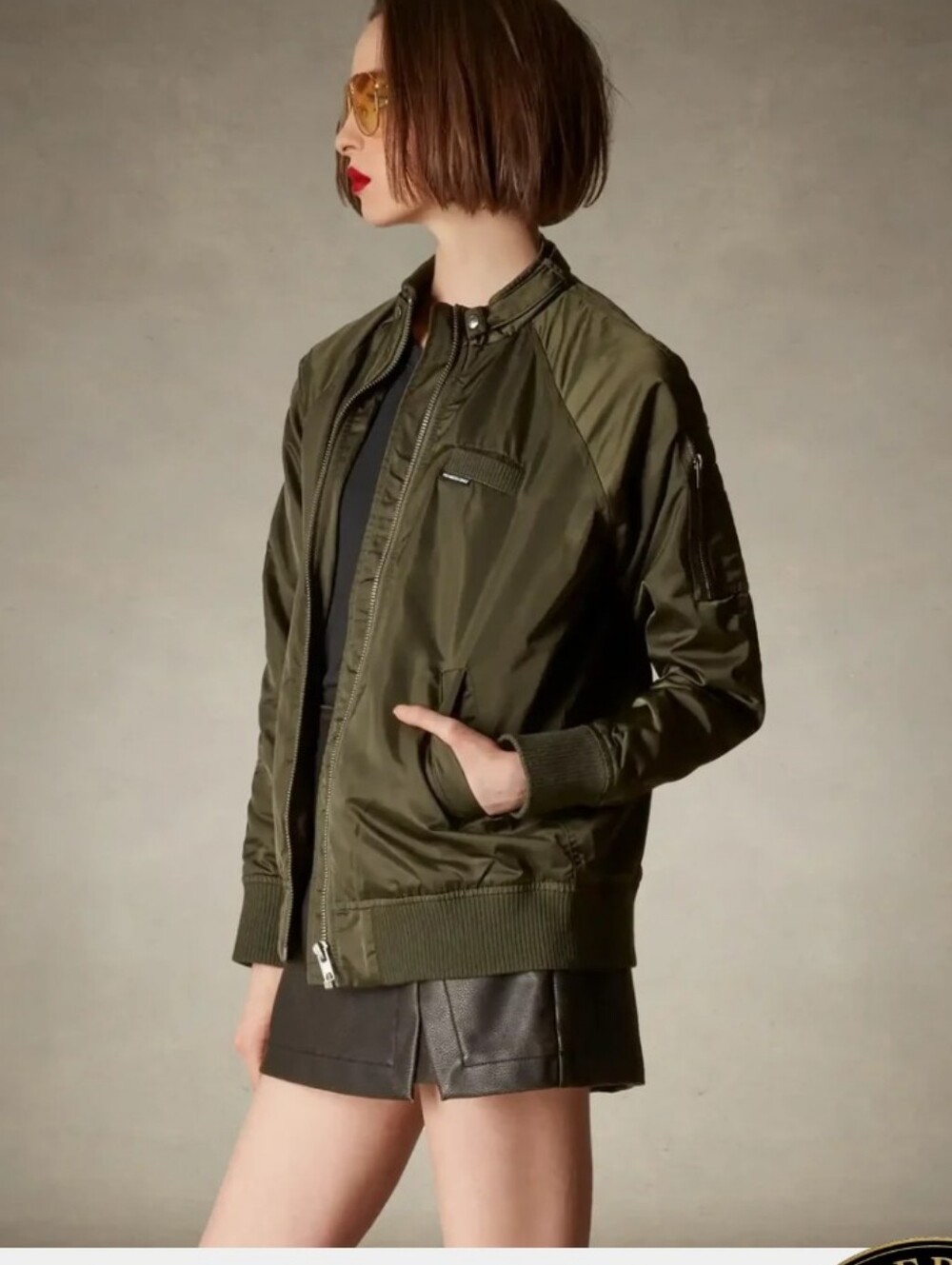 NWT Members Only USA Olive Green Bomber Jacket Size M PTP 21 IN L 24 1/2 In.